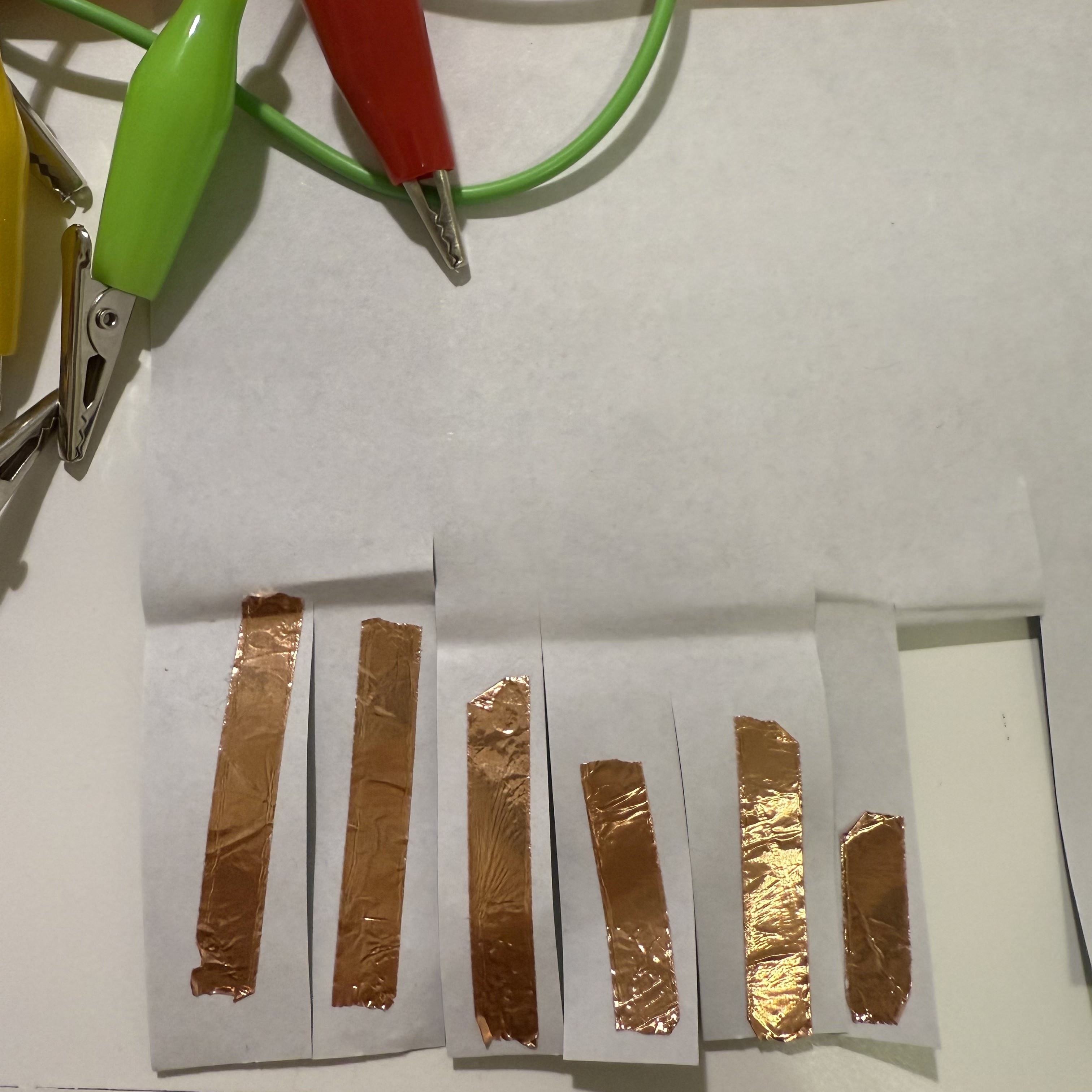 Copper tapes are attached to paper and connected with alligator clips to form a simple touch interface. This DIY electronic project can turn touches into inputs for a computer, allowing one to control software or create music with just a tap.